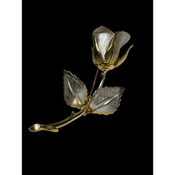 Giovanni Brushed Gold and Silver Tone Rose Flower Signed Vintage Brooch Pin - Picture 2 of 6